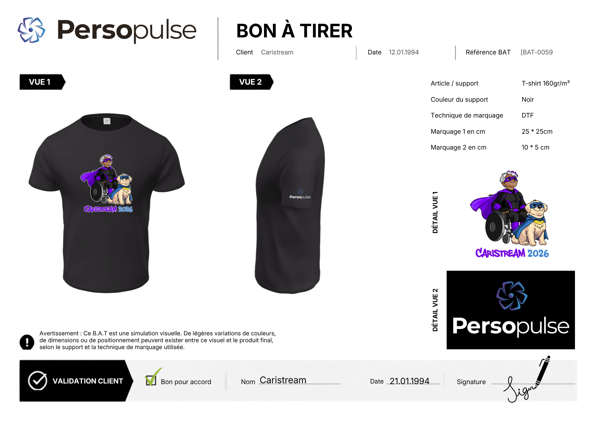 Bon à tirer validé pour les t-shirts Caristream