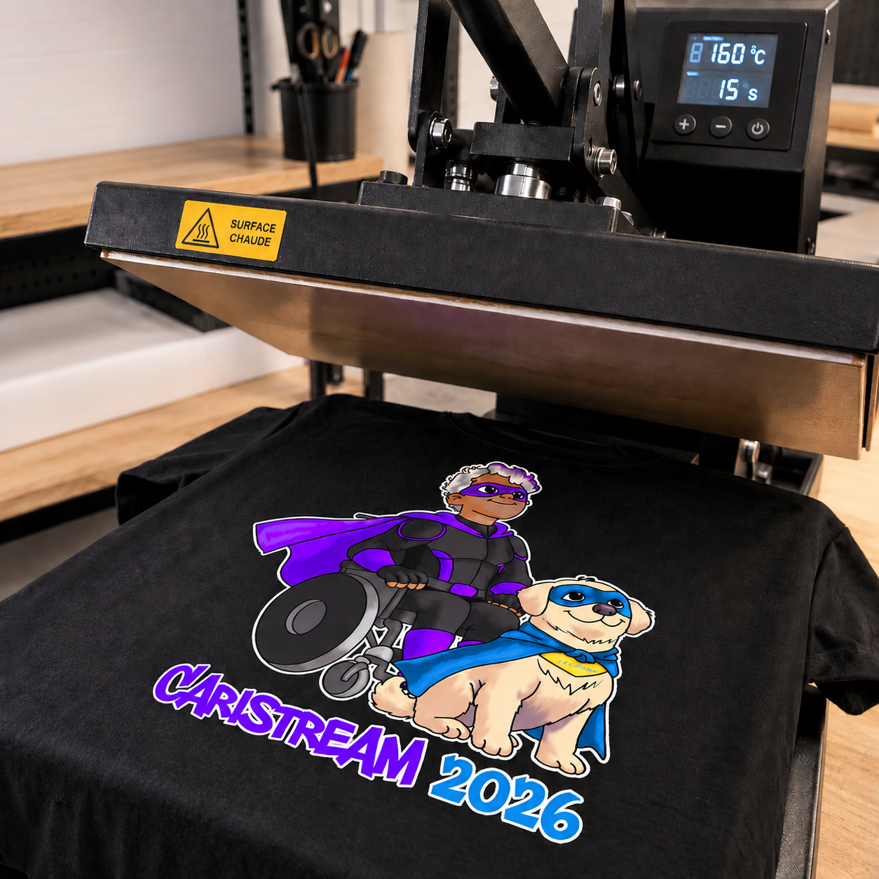 Personnalisation d’un t-shirt Caristream à la presse textile